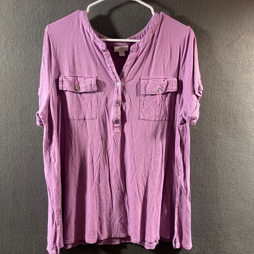 J.Jill Top Linen henley Purple Short Sleeve XL coastal capsule minimalist